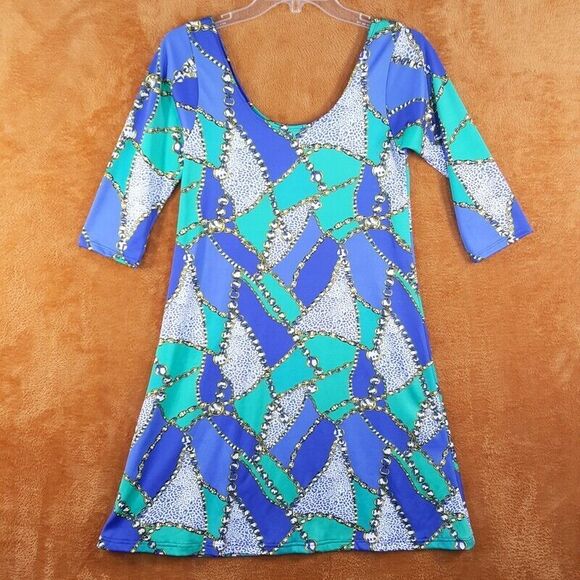 OH MY BOD Womens Dress Small Blue Pullover Shift Mini Stretch 60s Retro Funky - Picture 3 of 8